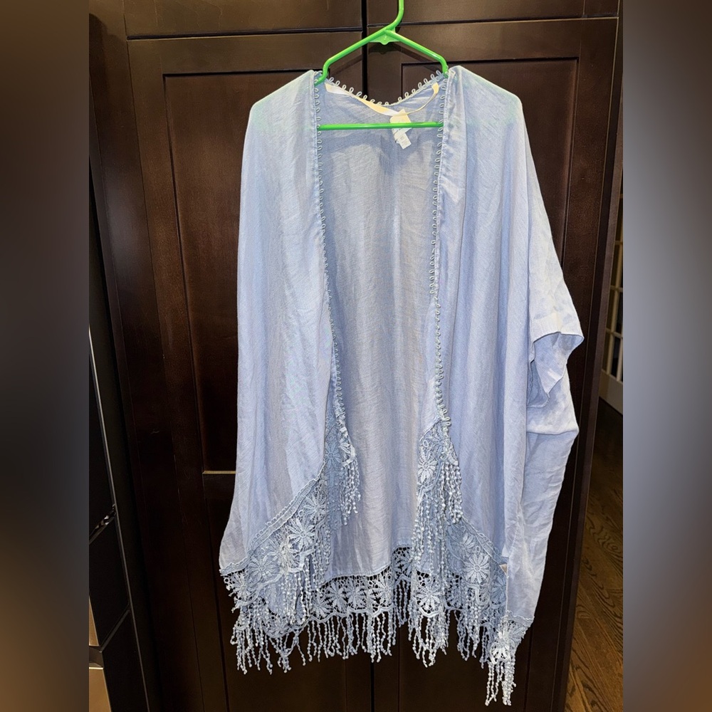Hinge Light Blue Fringe Kimono